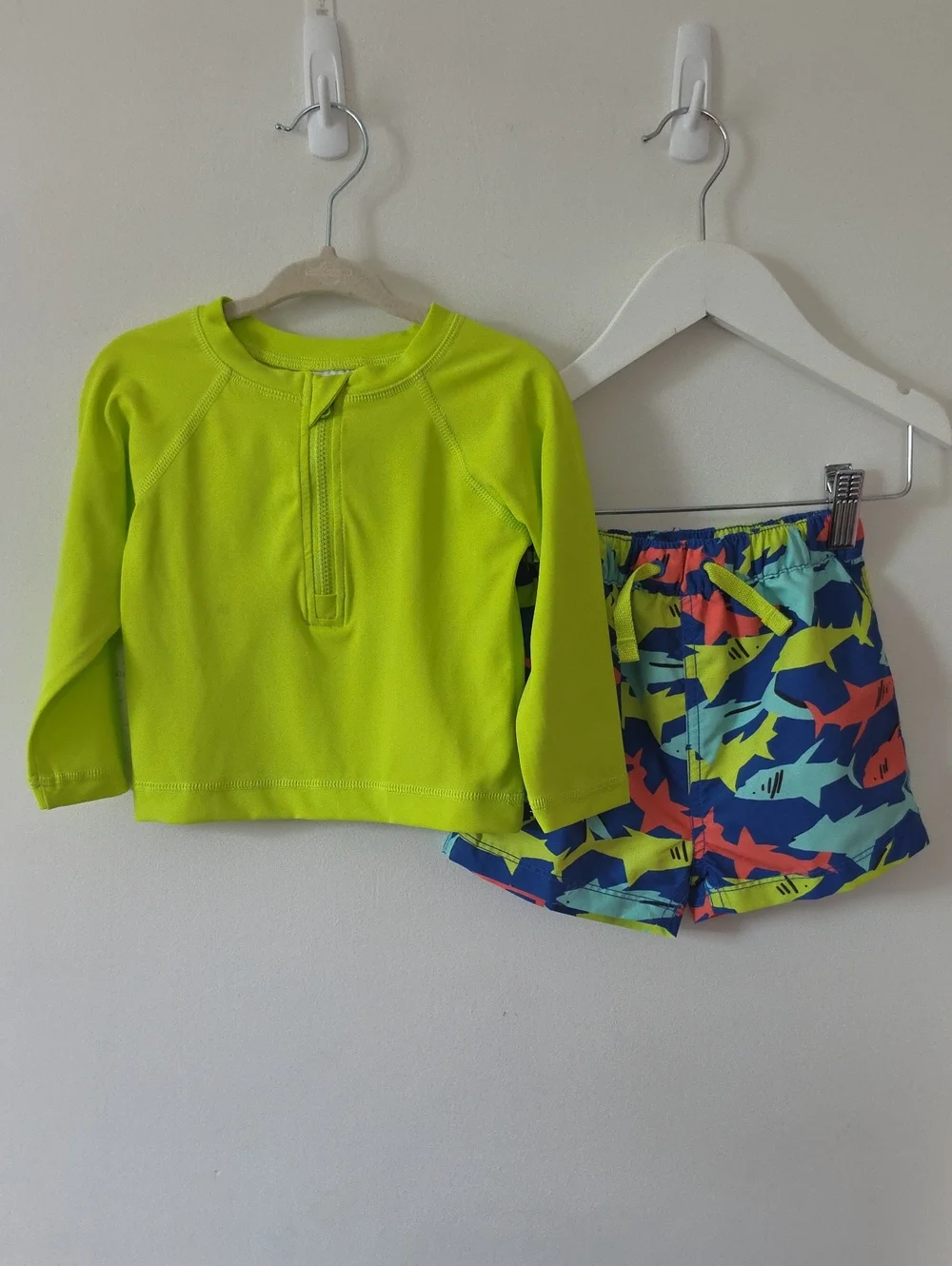 Hanna Andersson Neon Lime Rashguard & Shark Swim Shorts Set 18-24 Months